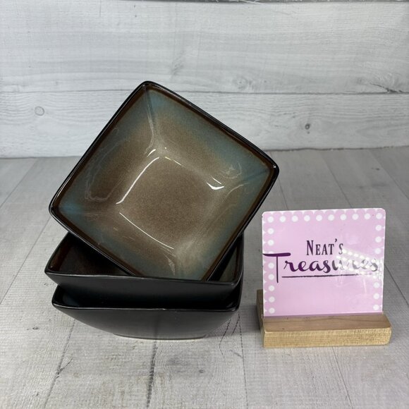 Gibson Elite TEQUESTA Taupe Blue Edge Square Stoneware Soup Cereal Bowls Set 3 - Picture 1 of 16